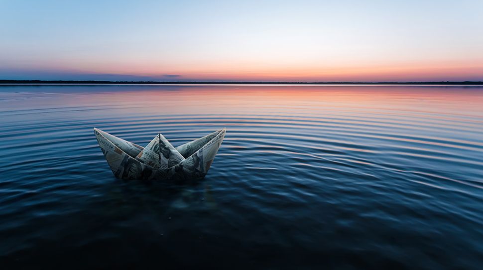 sea | sunset | water | paper boat | dollar